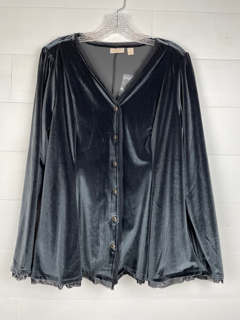 LOGO Lavish by Lori Goldstein Knit Velvet Button Top Black Mesh Trim Sz M NWOT